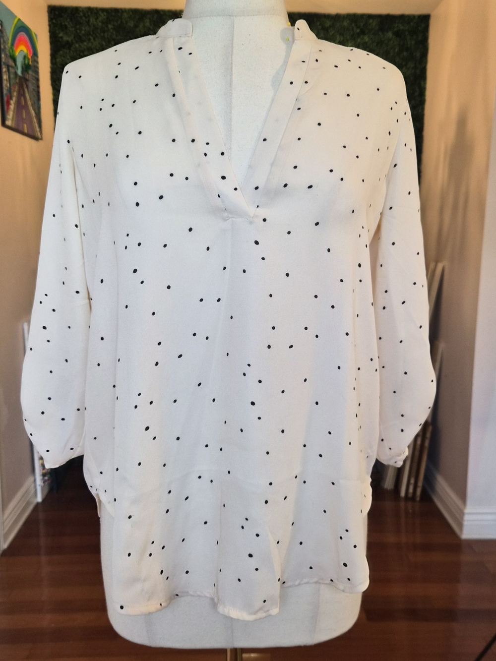 Lush Cream Tunic Blouse with Black Polka Dots 3/4 Length Sleeves